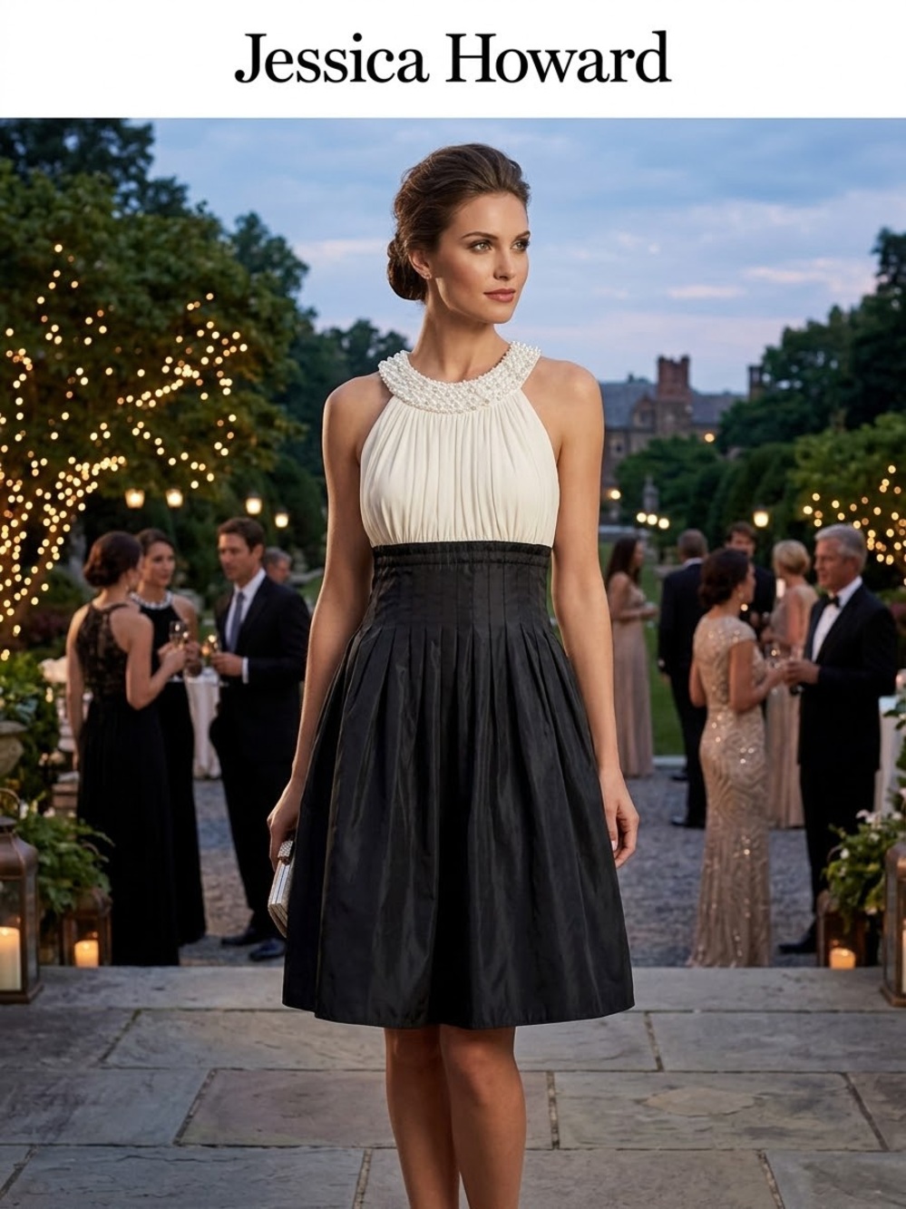 Jessica Howard Black and Cream Halter Pleated Cocktail Dress